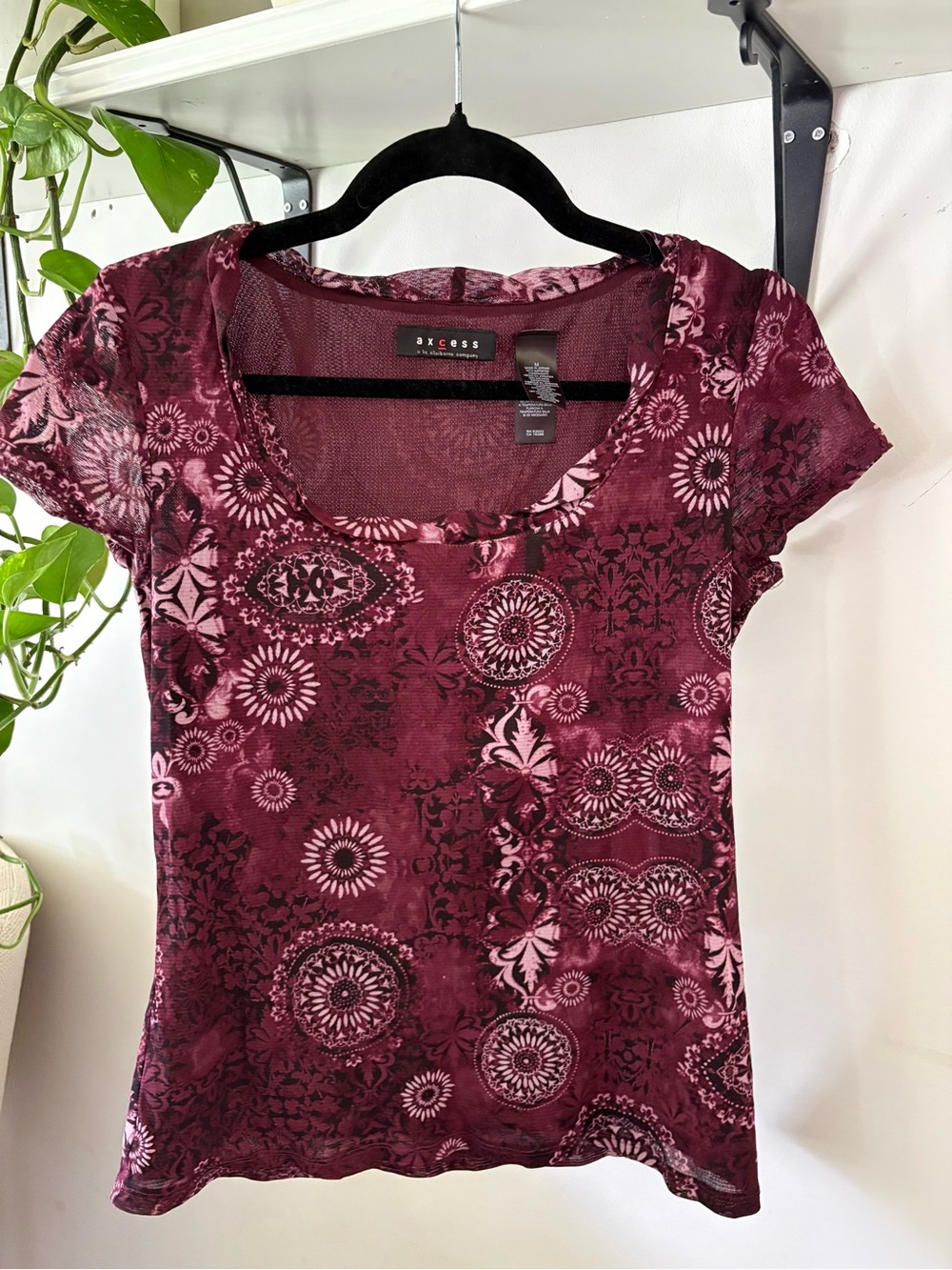 Axcess Burgundy Floral Velvet Burnout Scoop Neck Tee